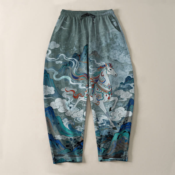Buddha Stones Pantalon fuselé pour homme en pur coton, motif cheval blanc, cordon de serrage et poches - image 9