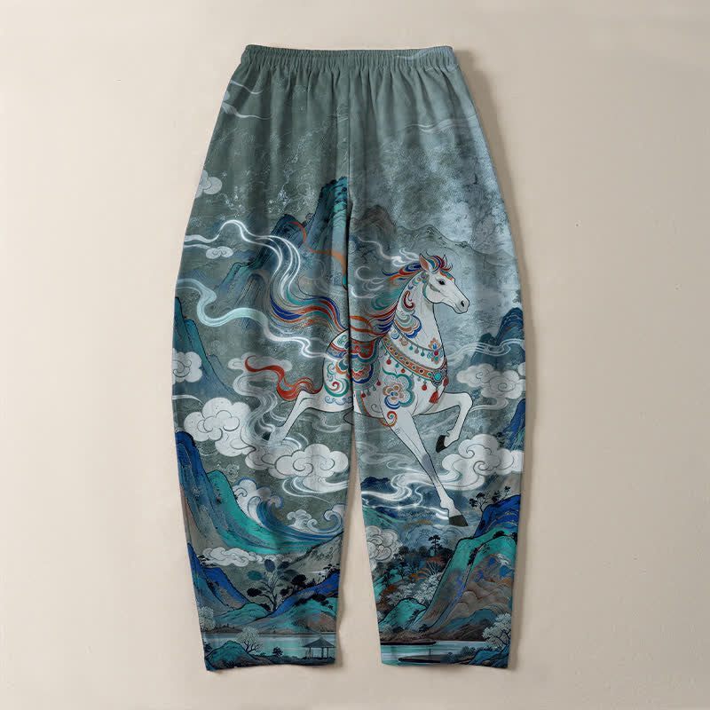 Buddha Stones Pantalon fuselé pour homme en pur coton, motif cheval blanc, cordon de serrage et poches - image 10