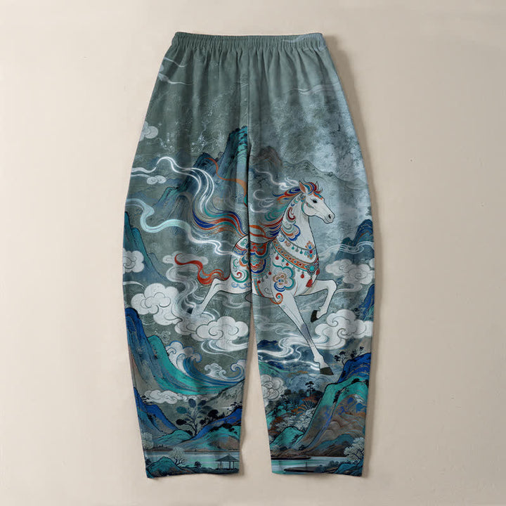 Buddha Stones Pantalon fuselé pour homme en pur coton, motif cheval blanc, cordon de serrage et poches - image 10