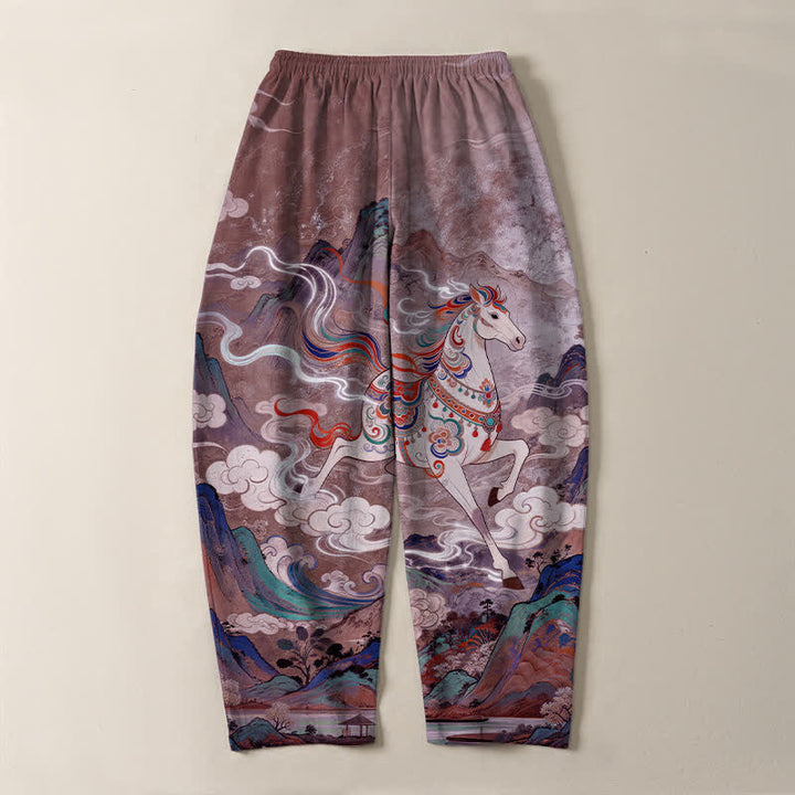 Buddha Stones Pantalon fuselé pour homme en pur coton, motif cheval blanc, cordon de serrage et poches - image 14