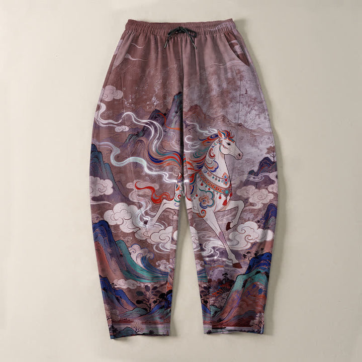 Buddha Stones Pantalon fuselé pour homme en pur coton, motif cheval blanc, cordon de serrage et poches - image 13