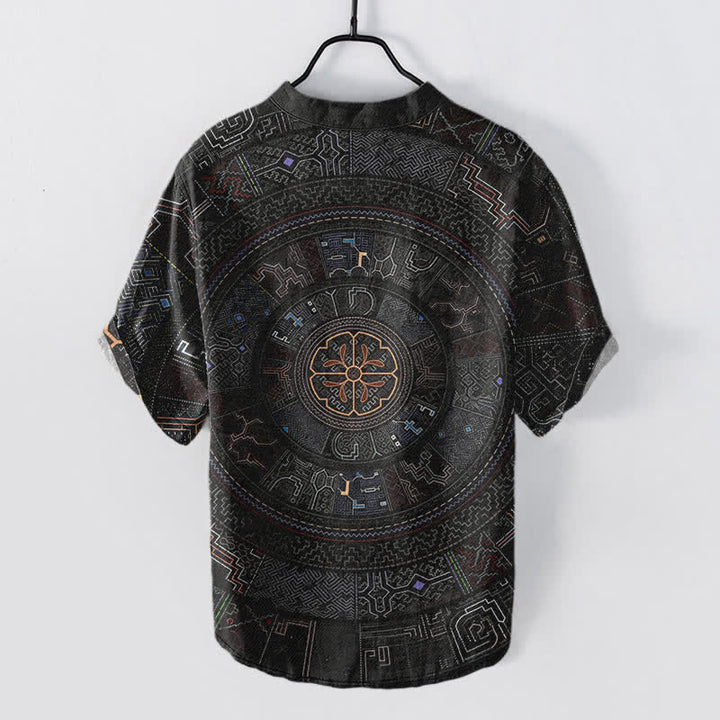 Buddha Stones Chemise à manches courtes et demi-boutonnée en coton à motif mandala tribal pour homme - image 1