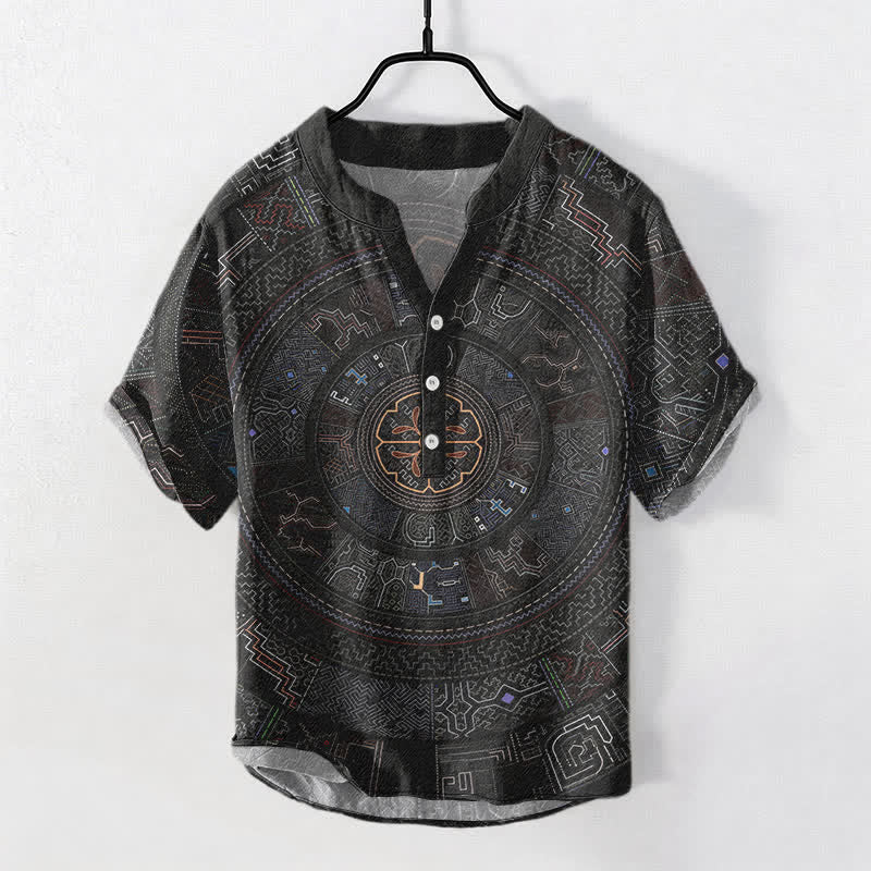 Buddha Stones Chemise à manches courtes et demi-boutonnée en coton à motif mandala tribal pour homme - Noir - US/UK/AU50，EU60 (5XL) - image 0