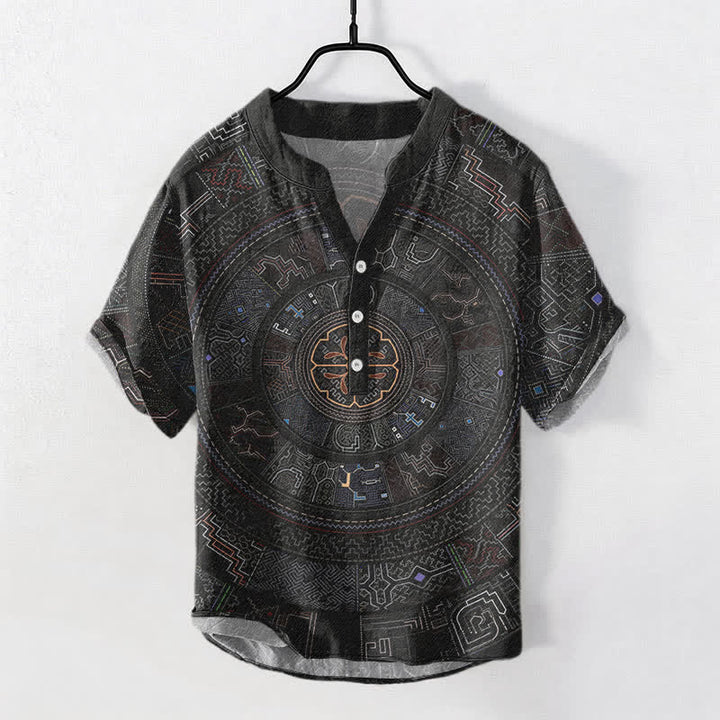Buddha Stones Chemise à manches courtes et demi-boutonnée en coton à motif mandala tribal pour homme - Noir - US/UK/AU50，EU60 (5XL) - image 0