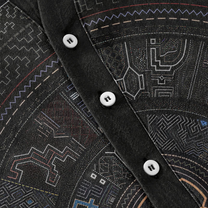 Buddha Stones Chemise à manches courtes et demi-boutonnée en coton à motif mandala tribal pour homme - image 3