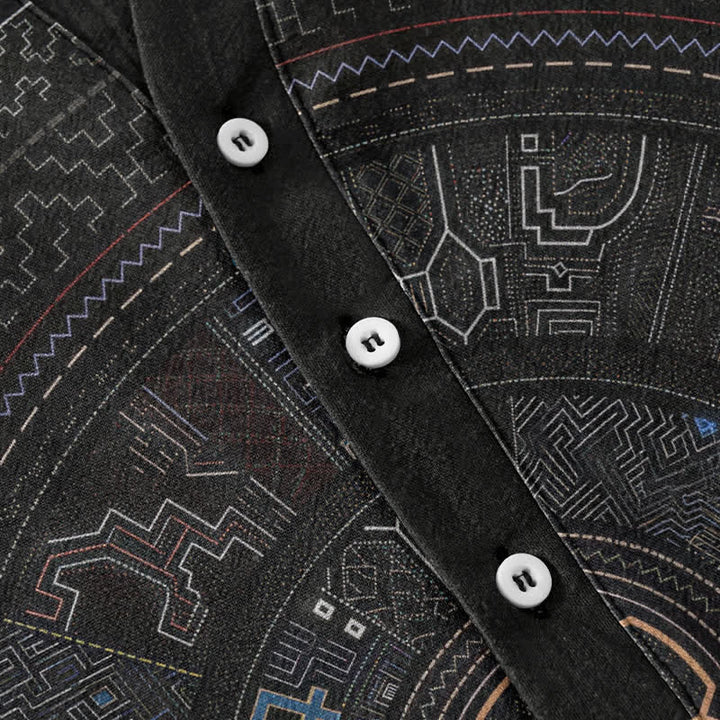Buddha Stones Chemise à manches courtes et demi-boutonnée en coton à motif mandala tribal pour homme - image 3