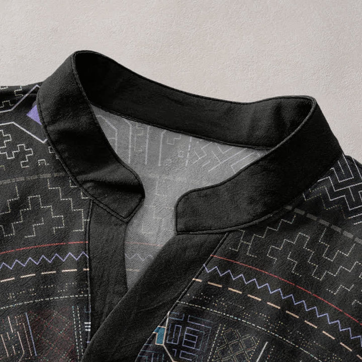 Buddha Stones Chemise à manches courtes et demi-boutonnée en coton à motif mandala tribal pour homme - image 2