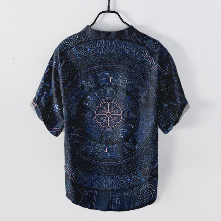 Buddha Stones Chemise à manches courtes et demi-boutonnée en coton à motif mandala tribal pour homme - image 6