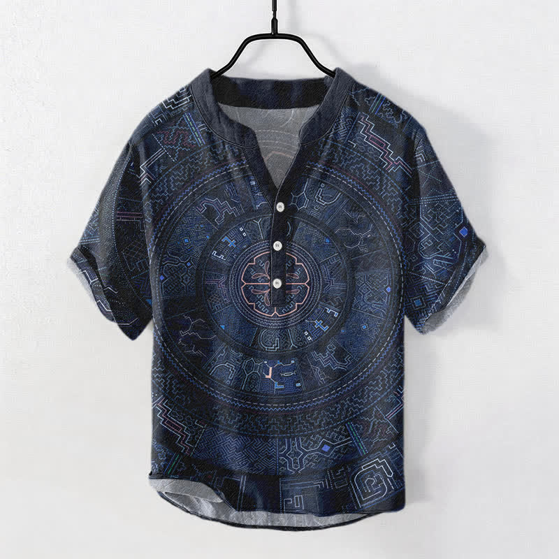 Buddha Stones Chemise à manches courtes et demi-boutonnée en coton à motif mandala tribal pour homme - Marine - US/UK/AU50，EU60 (5XL) - image 5