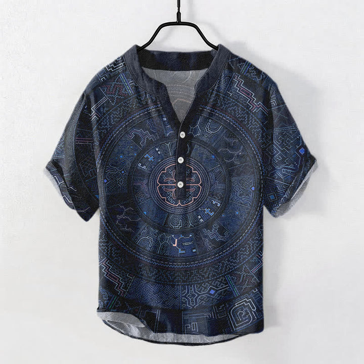 Buddha Stones Chemise à manches courtes et demi-boutonnée en coton à motif mandala tribal pour homme - Marine - US/UK/AU50，EU60 (5XL) - image 5