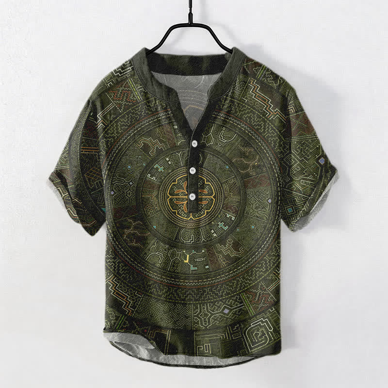 Buddha Stones Chemise à manches courtes et demi-boutonnée en coton à motif mandala tribal pour homme - Vert olive foncé - US/UK/AU50，EU60 (5XL) - image 7