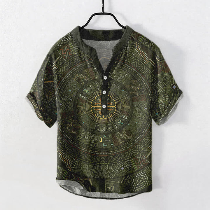 Buddha Stones Chemise à manches courtes et demi-boutonnée en coton à motif mandala tribal pour homme - Vert olive foncé - US/UK/AU50，EU60 (5XL) - image 7