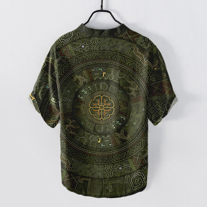 Buddha Stones Chemise à manches courtes et demi-boutonnée en coton à motif mandala tribal pour homme - image 8