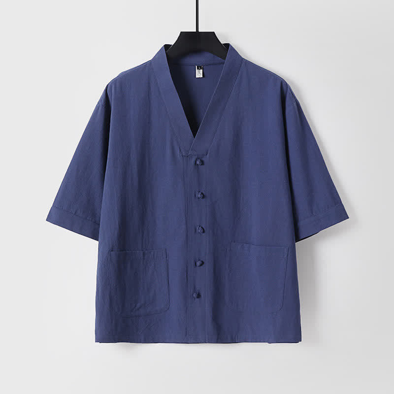 Buddha Stones Ensemble 2 pièces style Tang été : chemise à manches courtes, pantalon et col mandarin avec cordon de serrage, couleur unie, idéal pour la méditation avec poches. - image 19