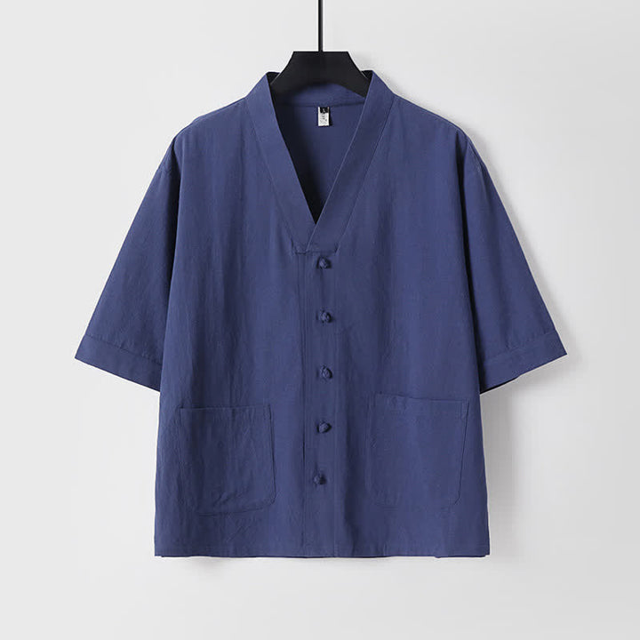 Buddha Stones Ensemble 2 pièces style Tang été : chemise à manches courtes, pantalon et col mandarin avec cordon de serrage, couleur unie, idéal pour la méditation avec poches. - image 19