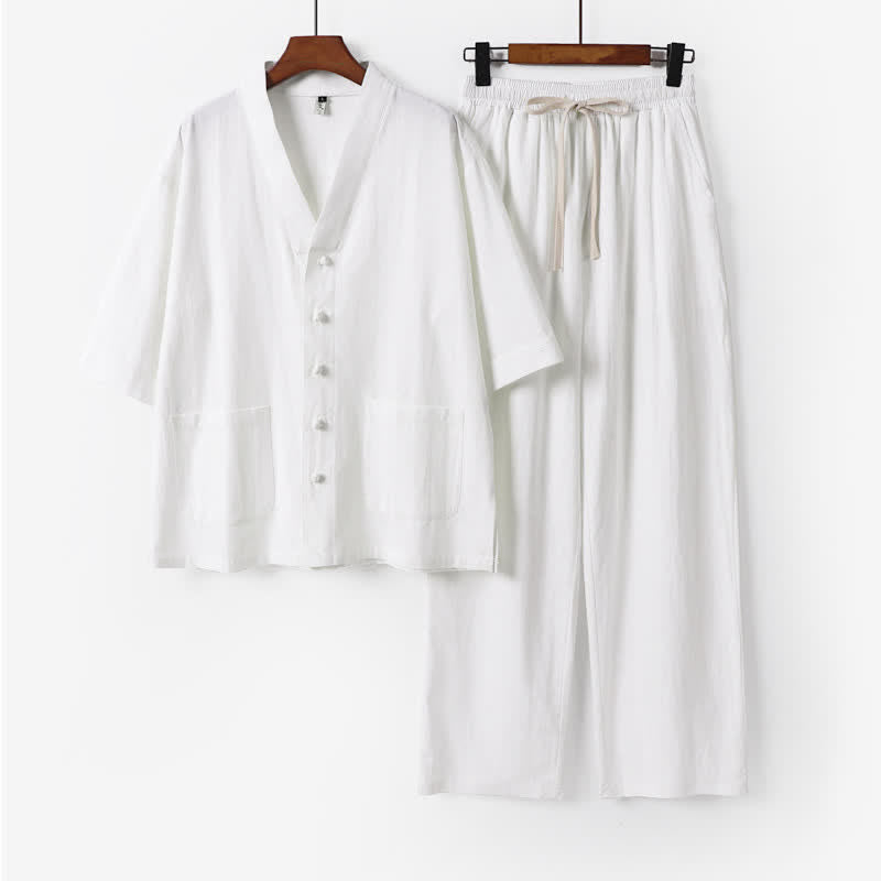 Buddha Stones Ensemble 2 pièces style Tang été : chemise à manches courtes, pantalon et col mandarin avec cordon de serrage, couleur unie, idéal pour la méditation avec poches. - Blanc - US/UK/AU54，EU64 (9XL) - image 0