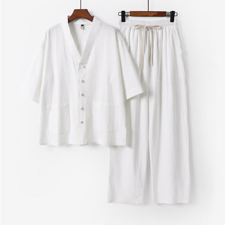 Buddha Stones Ensemble 2 pièces style Tang été : chemise à manches courtes, pantalon et col mandarin avec cordon de serrage, couleur unie, idéal pour la méditation avec poches. - Blanc - US/UK/AU54，EU64 (9XL) - image 0