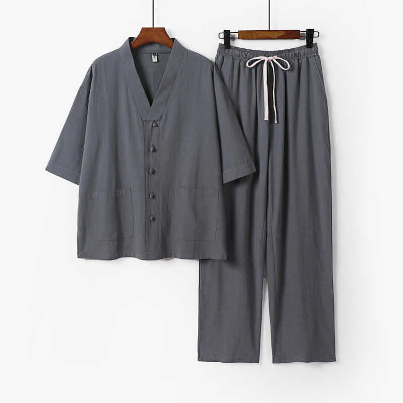 Buddha Stones Ensemble 2 pièces style Tang été : chemise à manches courtes, pantalon et col mandarin avec cordon de serrage, couleur unie, idéal pour la méditation avec poches. - Gris ardoise - US/UK/AU54，EU64 (9XL) - image 8