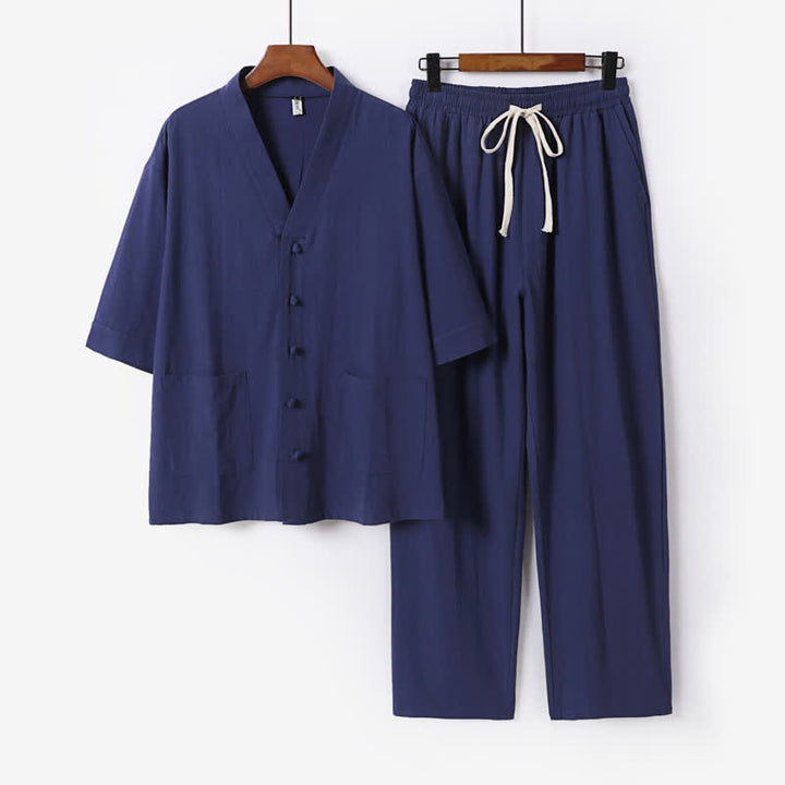 Buddha Stones Ensemble 2 pièces style Tang été : chemise à manches courtes, pantalon et col mandarin avec cordon de serrage, couleur unie, idéal pour la méditation avec poches. - Bleu nuit - US/UK/AU54，EU64 (9XL) - image 18