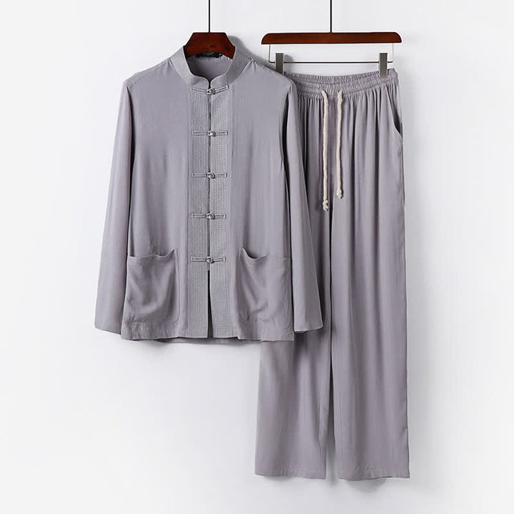 Buddha Stones Ensemble chemise et pantalon à manches longues, style Tang, col mandarin, boutons brandebourg, poches, idéal pour la méditation. - Argent - US/UK/AU48，EU58 (6XL) - image 9