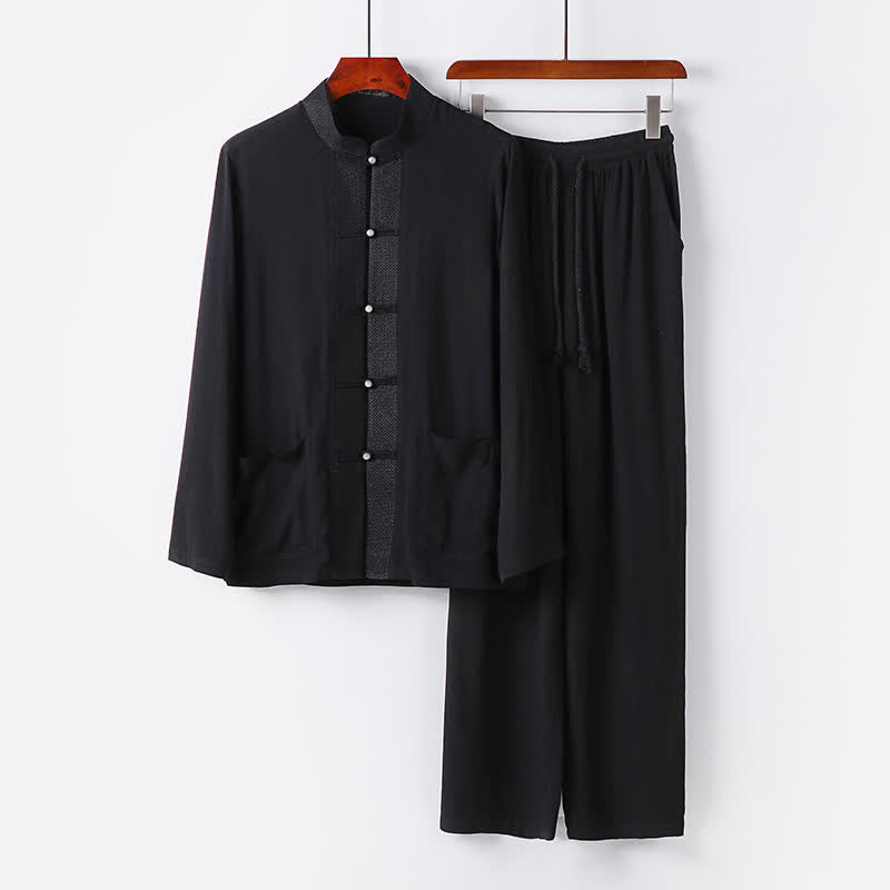 Buddha Stones Ensemble chemise et pantalon à manches longues, style Tang, col mandarin, boutons brandebourg, poches, idéal pour la méditation. - Noir - US/UK/AU48，EU58 (6XL) - image 12