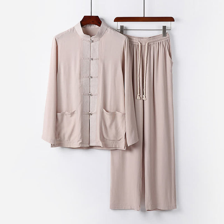 Buddha Stones Ensemble chemise et pantalon à manches longues, style Tang, col mandarin, boutons brandebourg, poches, idéal pour la méditation. - Beige - US/UK/AU48，EU58 (6XL) - image 0
