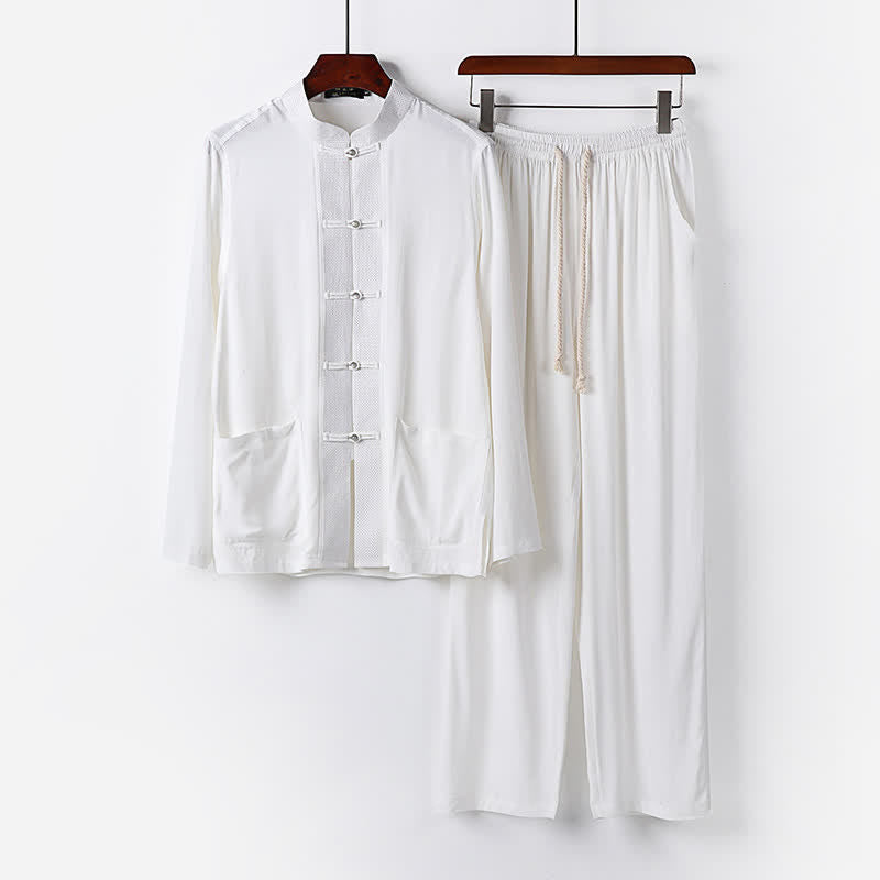 Buddha Stones Ensemble chemise et pantalon à manches longues, style Tang, col mandarin, boutons brandebourg, poches, idéal pour la méditation. - Blanc - US/UK/AU48，EU58 (6XL) - image 17