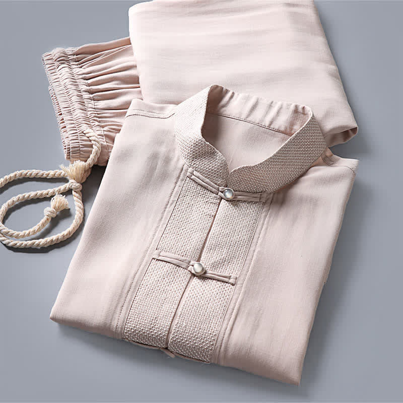 Buddha Stones Ensemble chemise et pantalon à manches longues, style Tang, col mandarin, boutons brandebourg, poches, idéal pour la méditation. - image 3