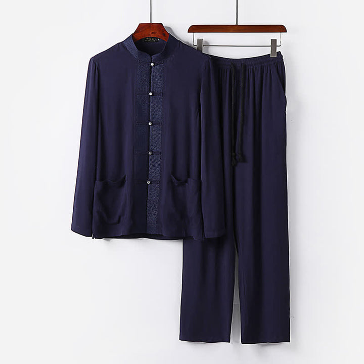Buddha Stones Ensemble chemise et pantalon à manches longues, style Tang, col mandarin, boutons brandebourg, poches, idéal pour la méditation. - Bleu nuit - US/UK/AU48，EU58 (6XL) - image 14