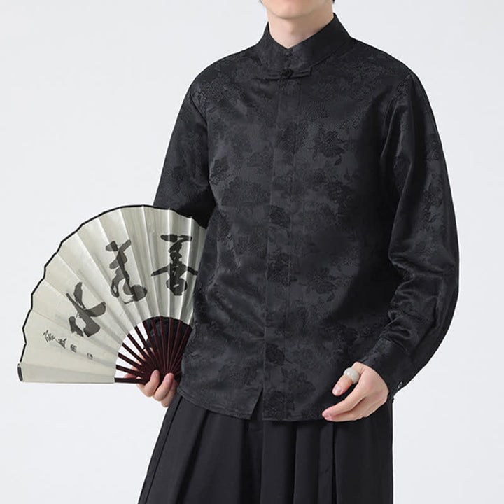 Buddha Stones Chemises à manches longues pour hommes, élégantes, style Tang, col mandarin et imprimé floral, automne - Noir - US/UK/AU44，EU54 (4XL) - image 0