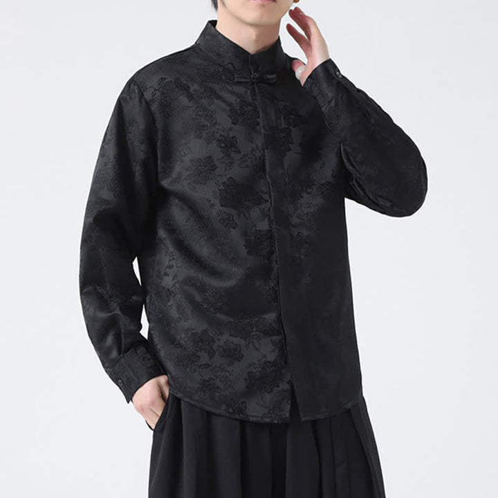 Buddha Stones Chemises à manches longues pour hommes, élégantes, style Tang, col mandarin et imprimé floral, automne - image 2