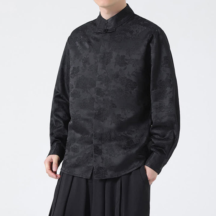 Buddha Stones Chemises à manches longues pour hommes, élégantes, style Tang, col mandarin et imprimé floral, automne - image 5