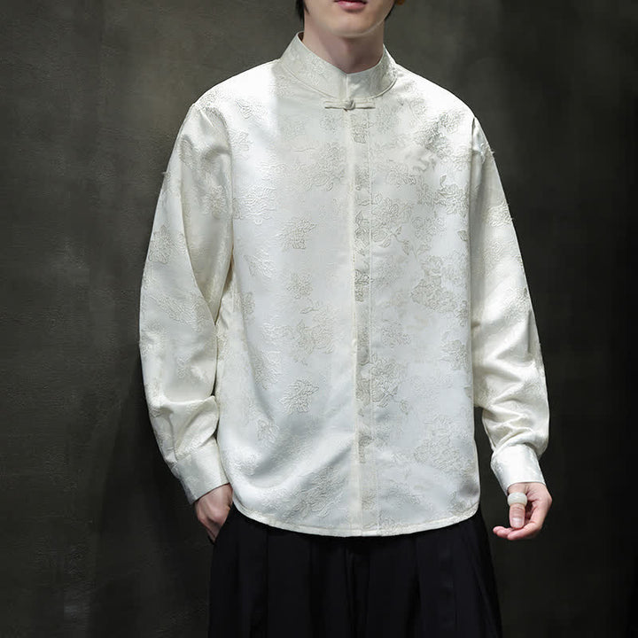 Buddha Stones Chemises à manches longues pour hommes, élégantes, style Tang, col mandarin et imprimé floral, automne - Blanc - US/UK/AU44，EU54 (4XL) - image 13