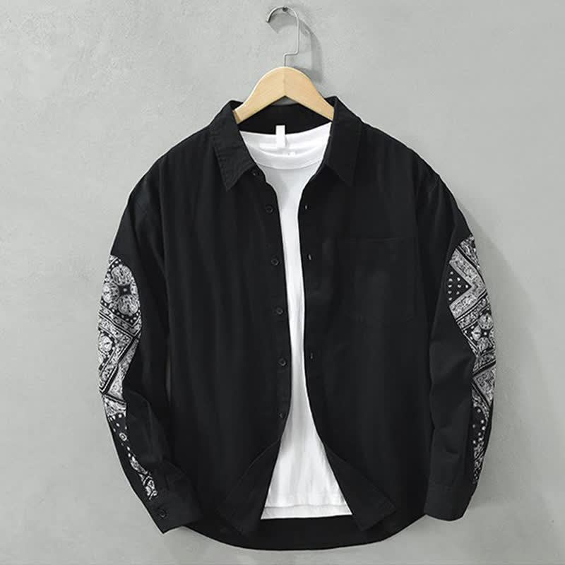 Buddha Stones Chemises à manches longues pour homme en coton à motif cachemire vintage décontracté, avec poches plaquées. - Noir - US/UK/AU42，EU52 (3XL) - image 0