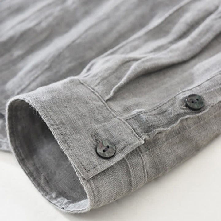 Buddha Stones Chemises à manches longues pour hommes, en lin uni, style décontracté printanier, boutonnées - image 12