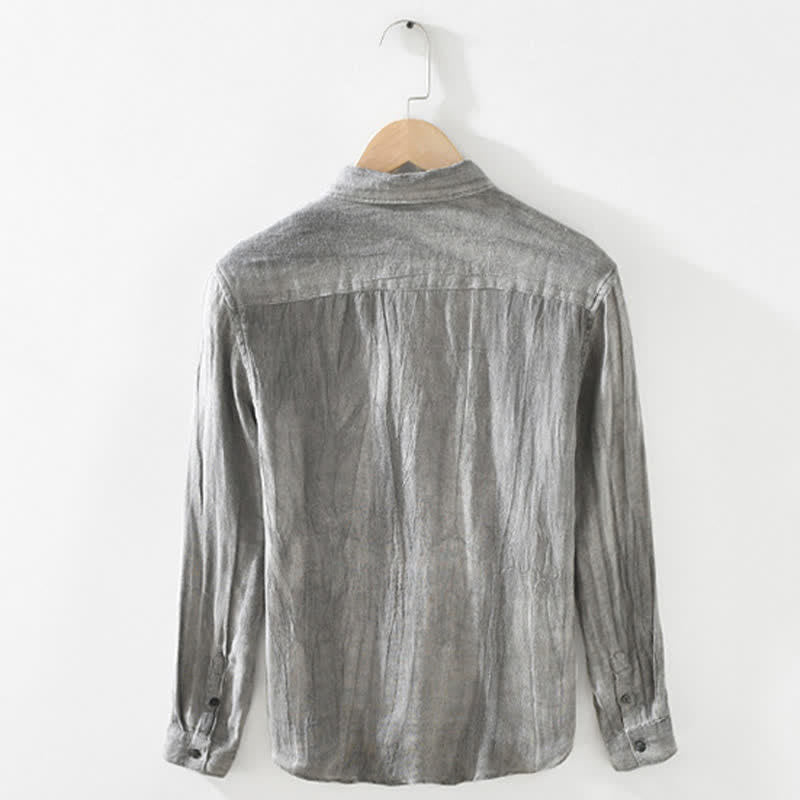 Buddha Stones Chemises à manches longues pour hommes, en lin uni, style décontracté printanier, boutonnées - image 1