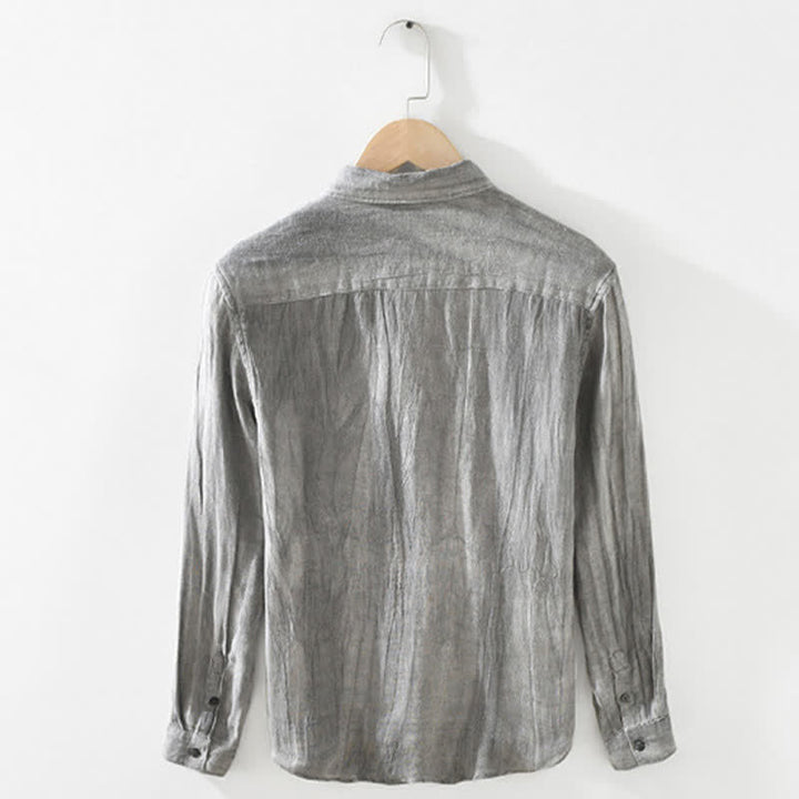 Buddha Stones Chemises à manches longues pour hommes, en lin uni, style décontracté printanier, boutonnées - image 1