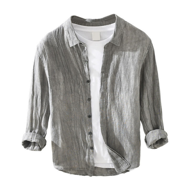 Buddha Stones Chemises à manches longues pour hommes, en lin uni, style décontracté printanier, boutonnées - image 2