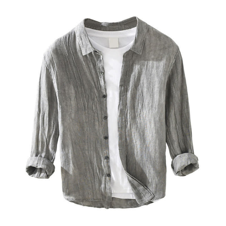 Buddha Stones Chemises à manches longues pour hommes, en lin uni, style décontracté printanier, boutonnées - image 2