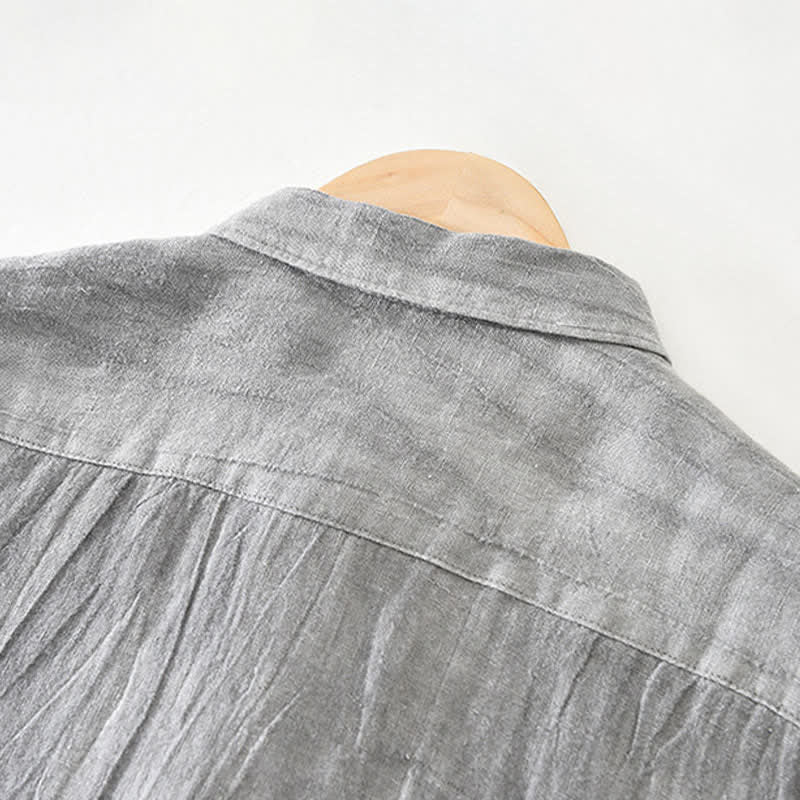 Buddha Stones Chemises à manches longues pour hommes, en lin uni, style décontracté printanier, boutonnées - image 5