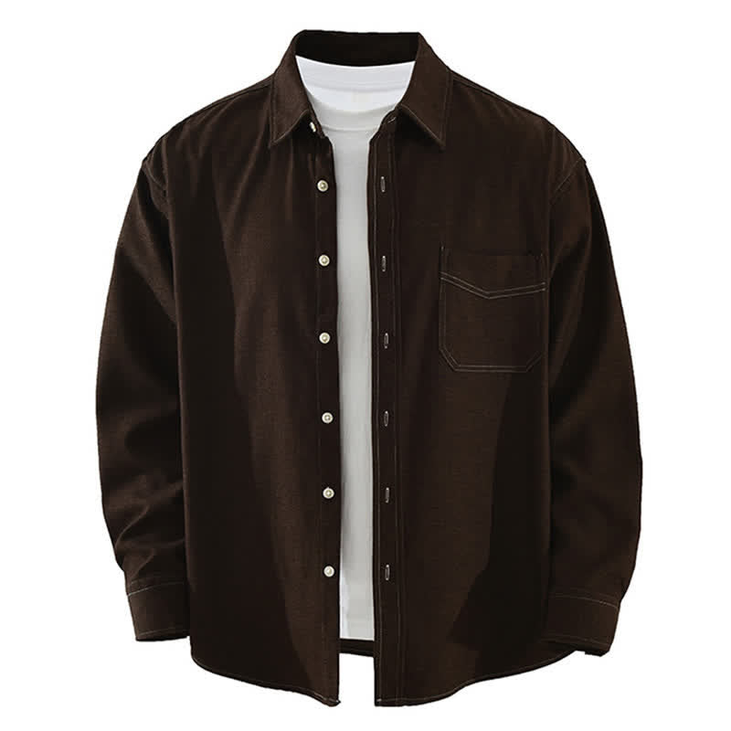 Buddha Stones Chemises à manches longues pour homme, style décontracté automne, couleur unie, avec poche plaquée - SaddleBrown - US/UK/AU42，EU52 (3XL) - image 12