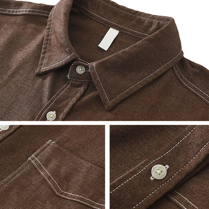 Buddha Stones Chemises à manches longues pour homme, style décontracté automne, couleur unie, avec poche plaquée - image 2