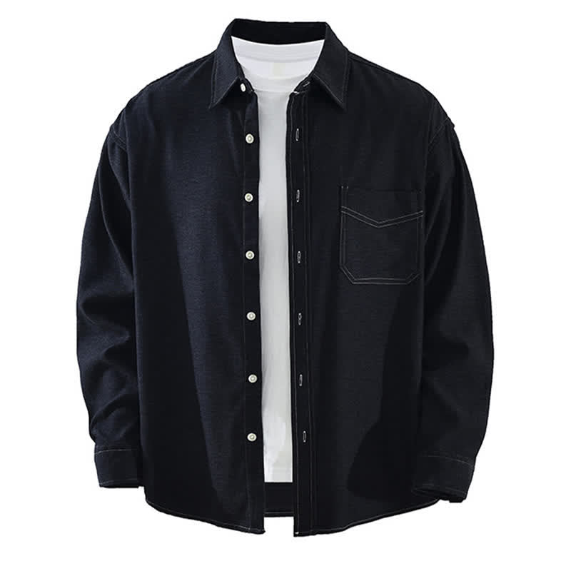 Buddha Stones Chemises à manches longues pour homme, style décontracté automne, couleur unie, avec poche plaquée - Bleu nuit - US/UK/AU42，EU52 (3XL) - image 13