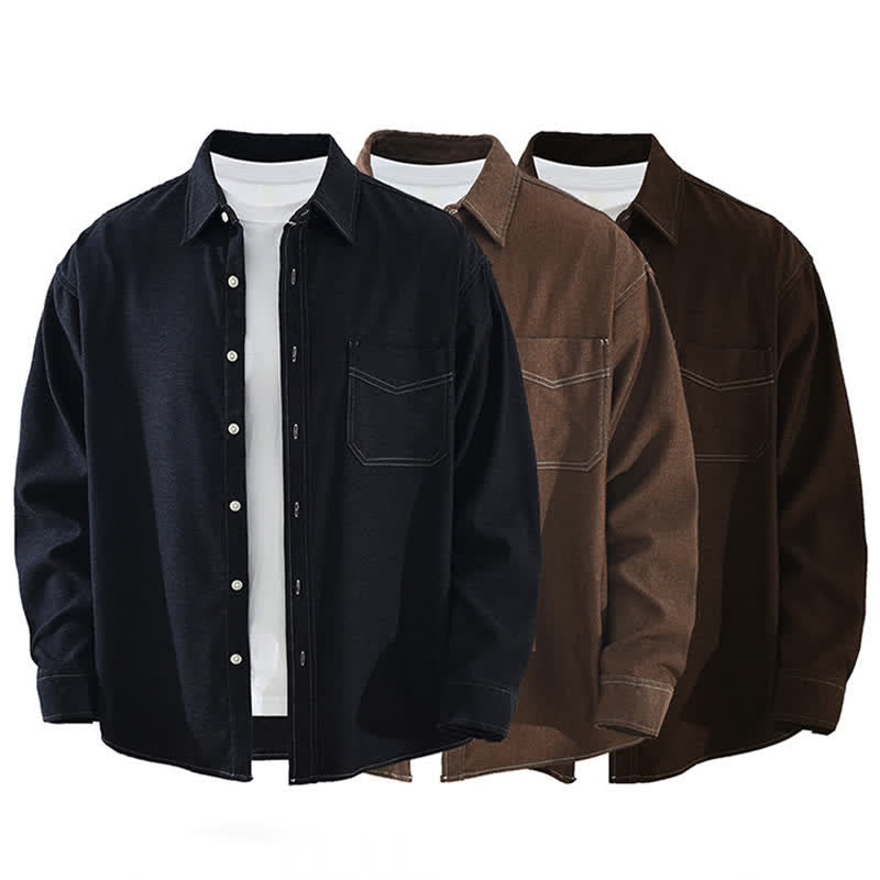 Buddha Stones Chemises à manches longues pour homme, style décontracté automne, couleur unie, avec poche plaquée - image 14