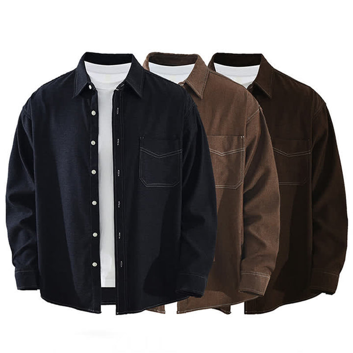 Buddha Stones Chemises à manches longues pour homme, style décontracté automne, couleur unie, avec poche plaquée - image 14