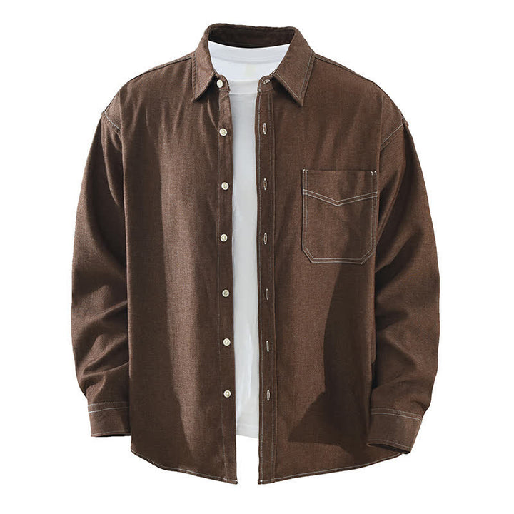 Buddha Stones Chemises à manches longues pour homme, style décontracté automne, couleur unie, avec poche plaquée - Terre de sienne - US/UK/AU42，EU52 (3XL) - image 0