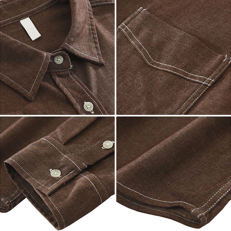 Buddha Stones Chemises à manches longues pour homme, style décontracté automne, couleur unie, avec poche plaquée - image 3