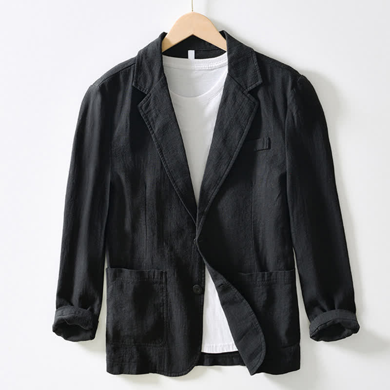 Buddha Stones Veste homme unie en coton ramie, coupe minimaliste, style printemps-automne, avec revers et poches. - Noir - US/UK/AU44，EU54 (4XL) - image 4