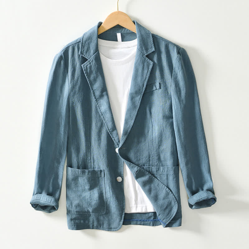 Buddha Stones Veste homme unie en coton ramie, coupe minimaliste, style printemps-automne, avec revers et poches. - CadetBlue - US/UK/AU44，EU54 (4XL) - image 16