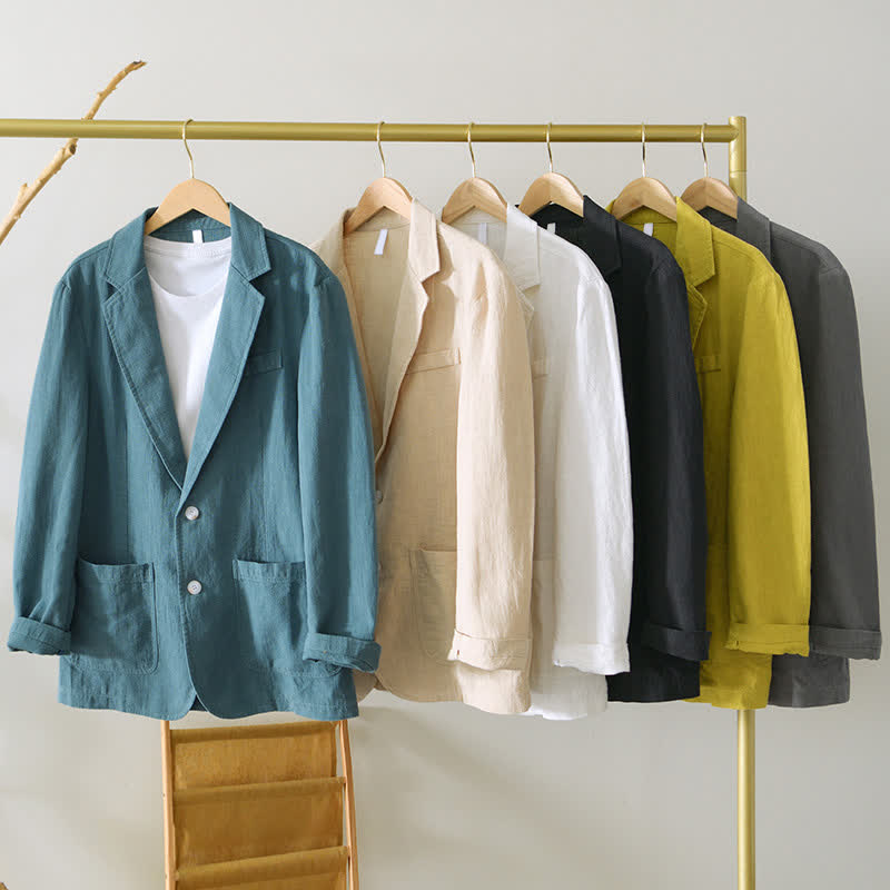 Buddha Stones Veste homme unie en coton ramie, coupe minimaliste, style printemps-automne, avec revers et poches. - image 32